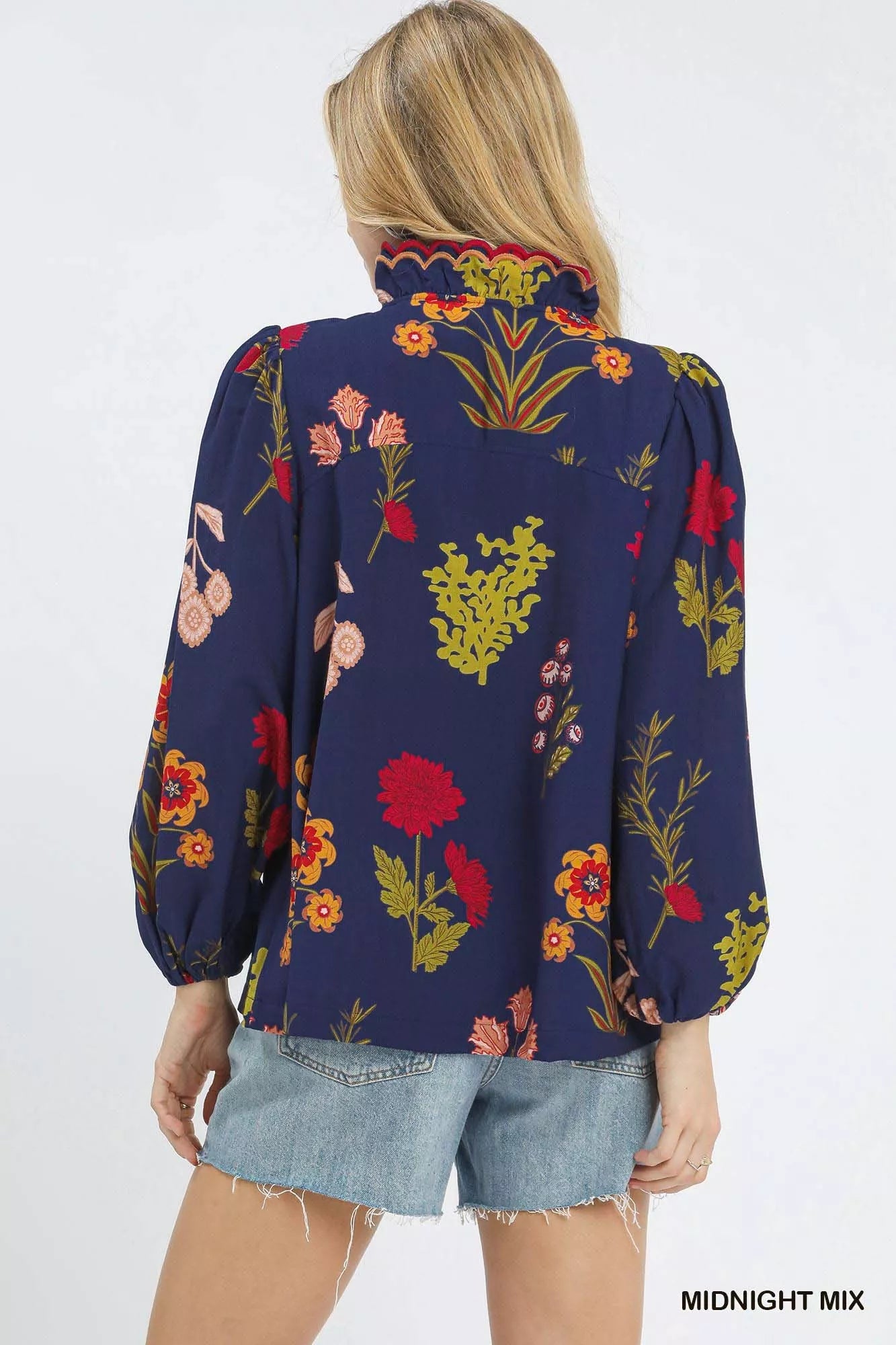 Flower Print Blouse with Scalloped Neckline