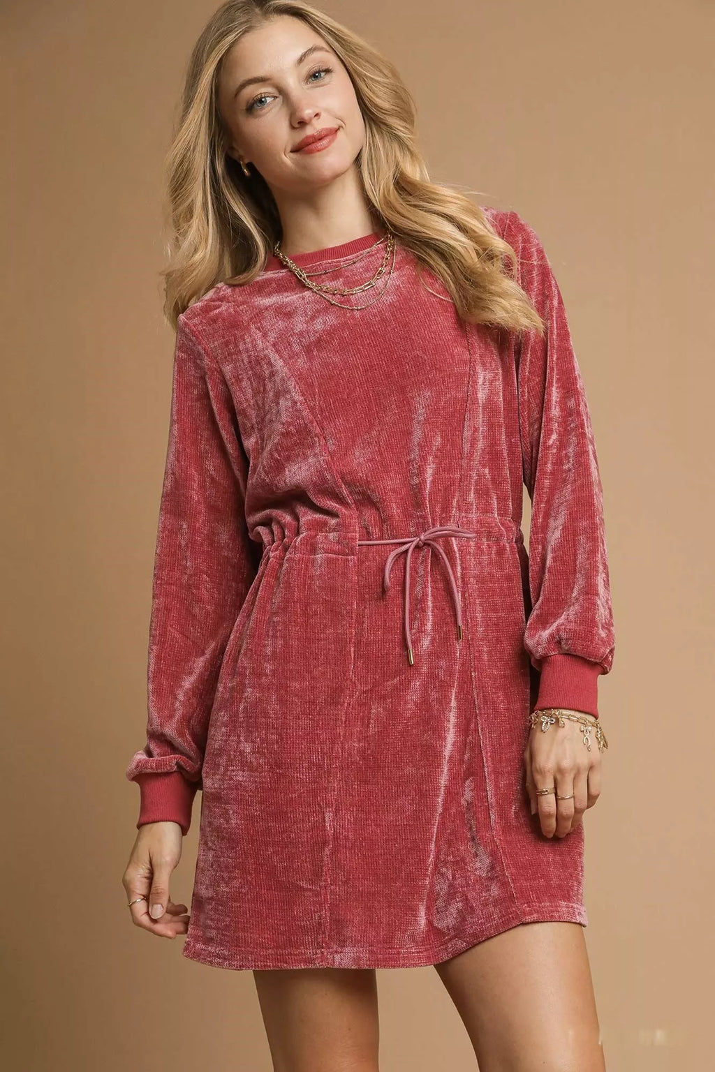 Velour Drawstring Mini Dress with Long Sleeves
