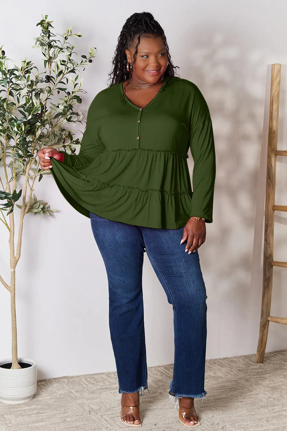 I am a Fashion Junky Take Half Button Long Sleeve Ruffle Hem Blouse