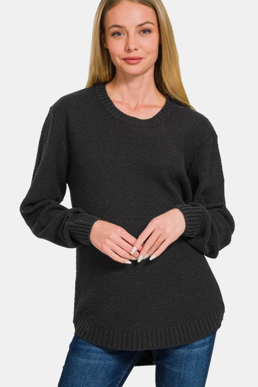 Full Size Round Neck Long Sleeve Curved Hem Sweater