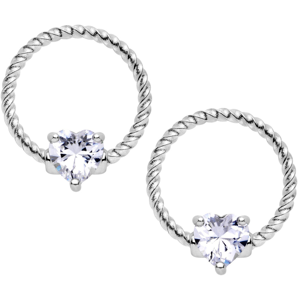 14G Clear CZ Gem Heart Twisted BCR Ring Barbell Nipple Ring Set