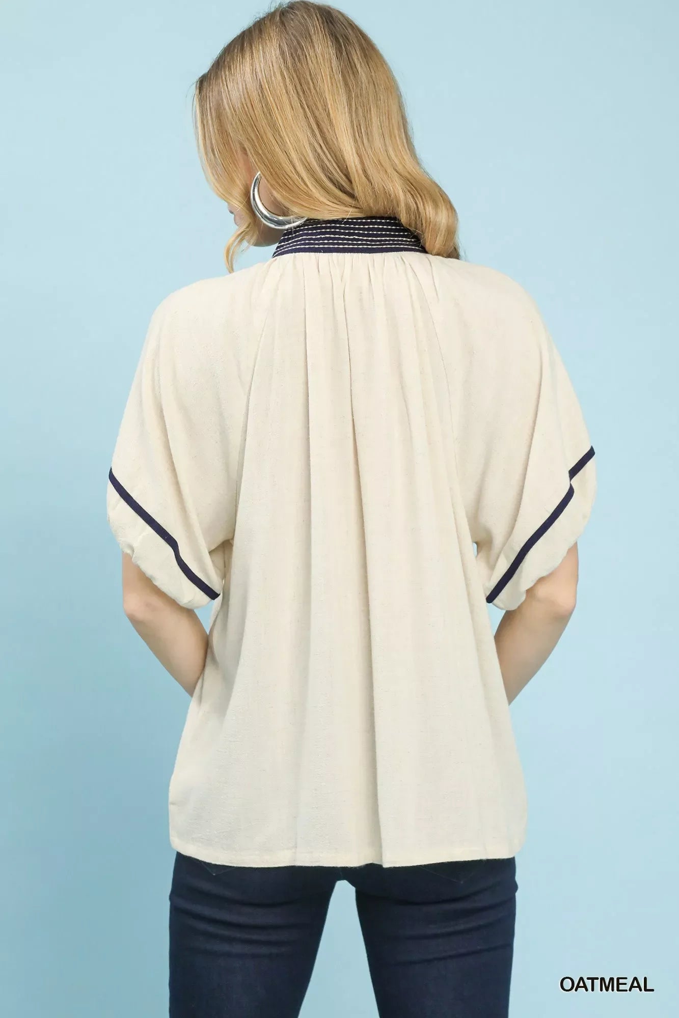 Linen Puff Sleeve Contrast Trim Top