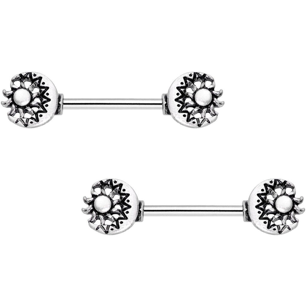 14G 9/16 Crescent Moon and Sun Barbell Nipple Ring Set