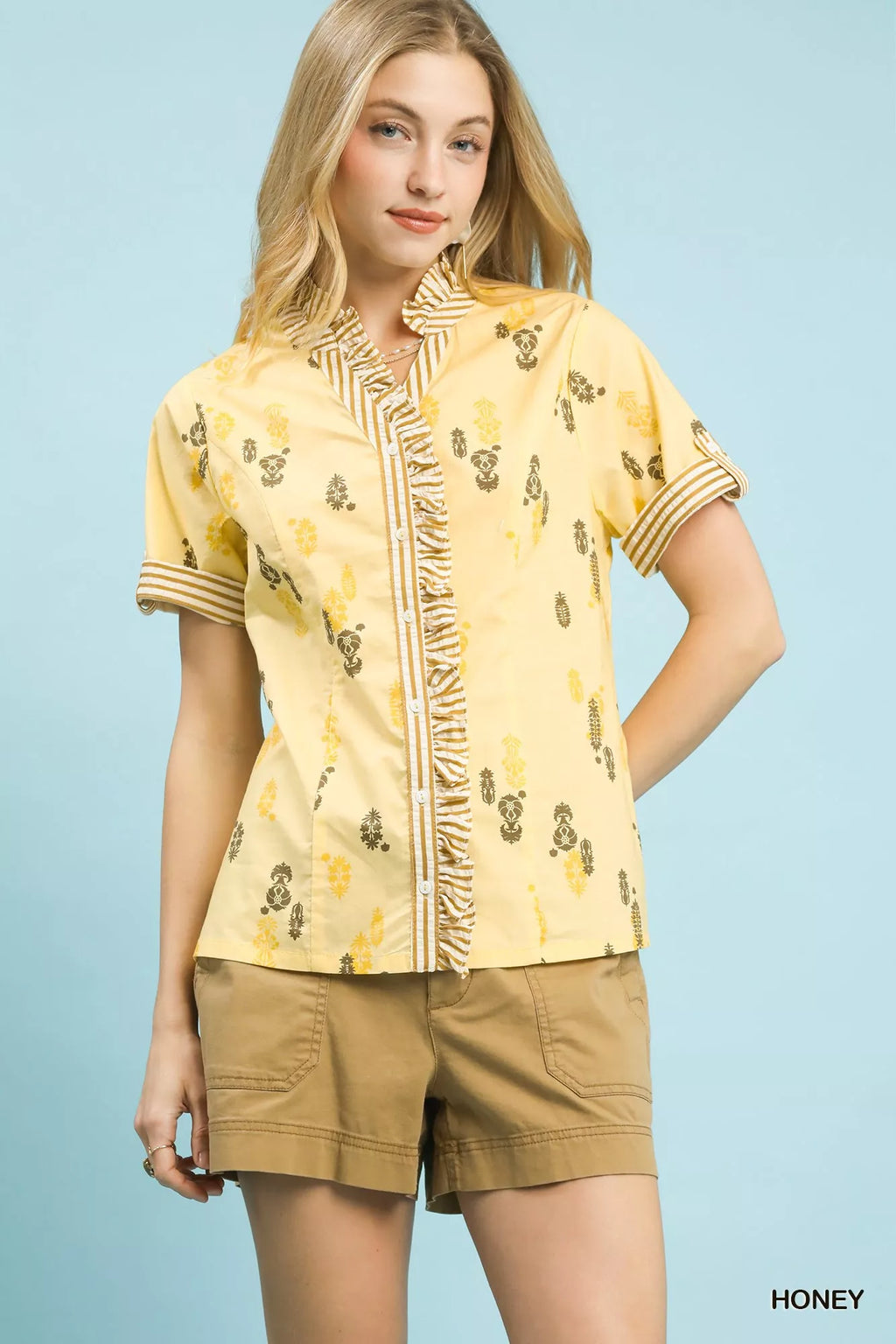 Printed Ruffle Trim Button Front Blouse