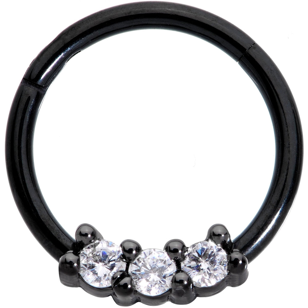 16G 3/8 Clear CZ Gem Black Trio Hinged Segment Ring