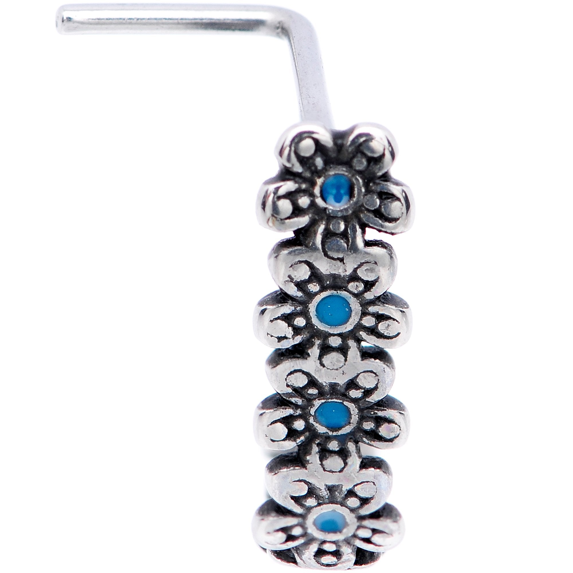 20G Blue Flowers Faux Hoop L Shaped Nose Ring