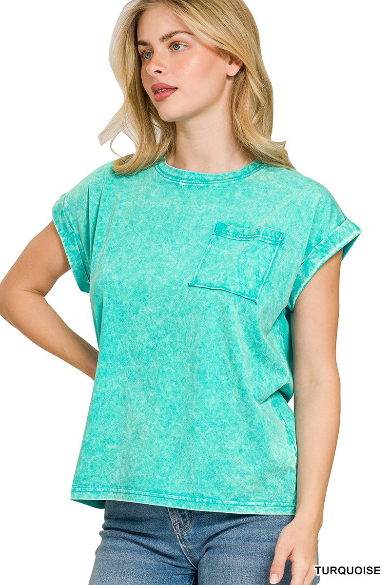 Zenana Full Size Crinkle Washed Round Neck Folded Short Sleeve Tee Plus Size