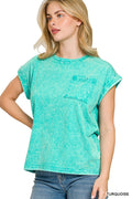 Zenana Full Size Crinkle Washed Round Neck Folded Short Sleeve Tee Plus Size
