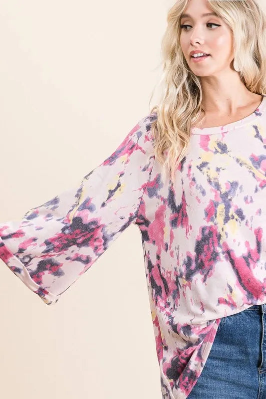 Tie Dye Print Terry A Line Top with Bell Sleeves