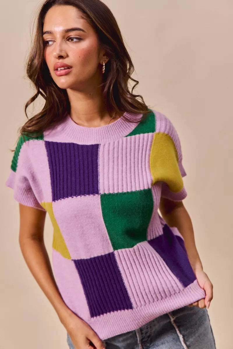 Mardi Gras Check Plaid Casual Sweater Top