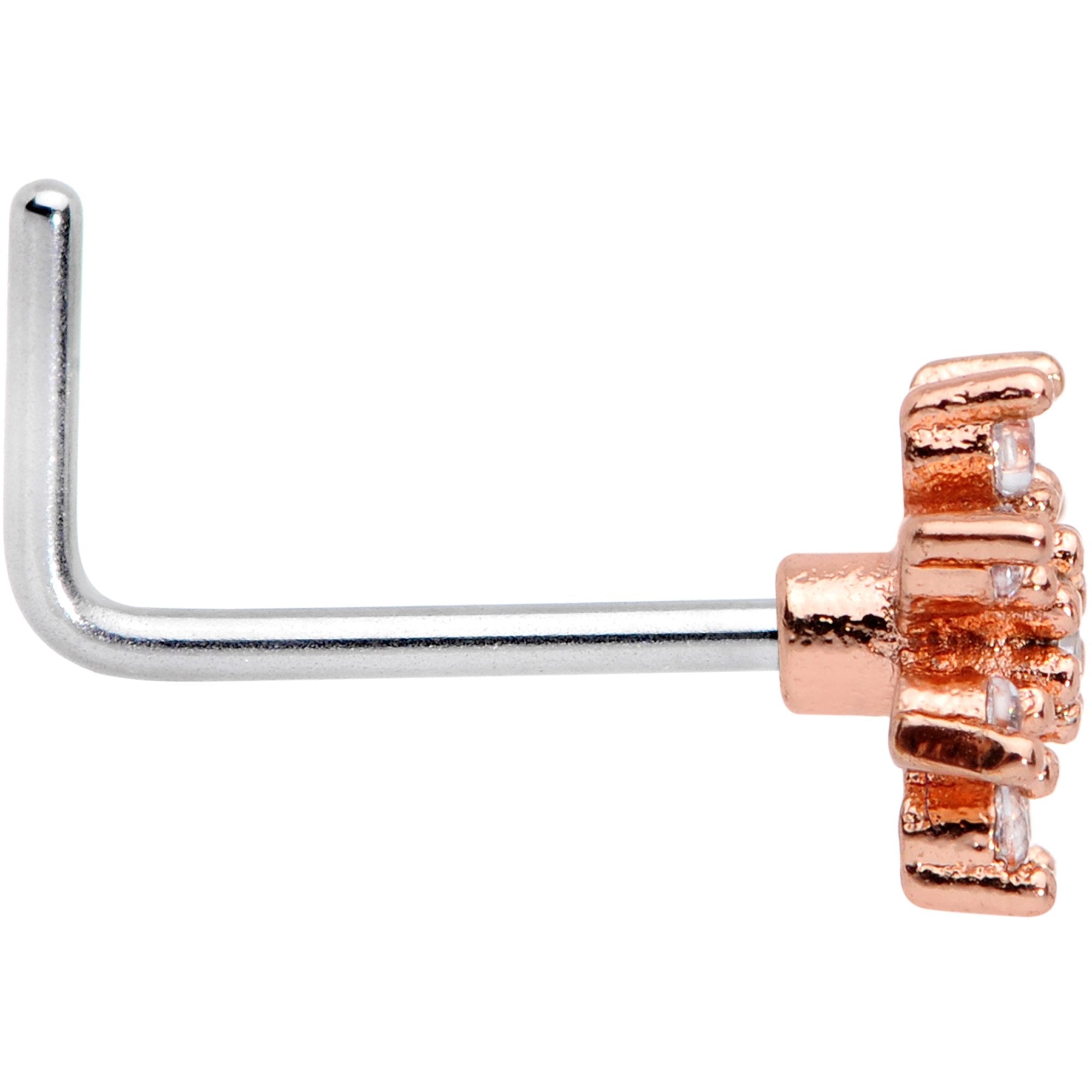 20G 1/4 Clear CZ Gem Rose Gold Tone Flower L Shaped Nose Ring
