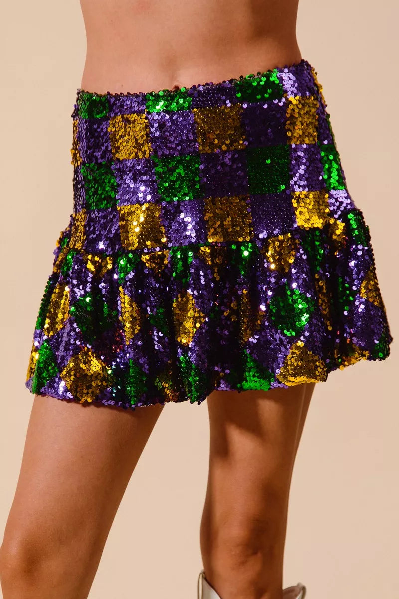 Mardi Gras Checker Sequins Mini Skirt