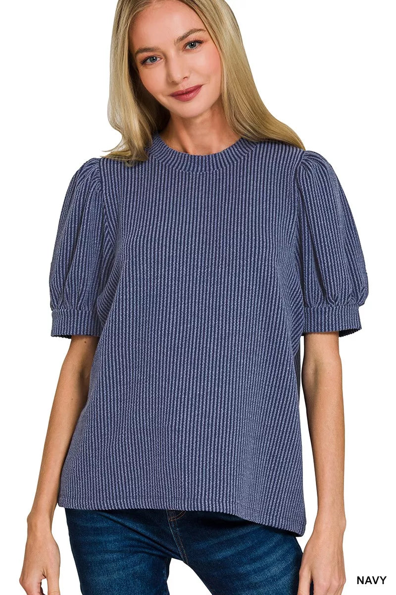 Raised Rib Puff Sleeve Top