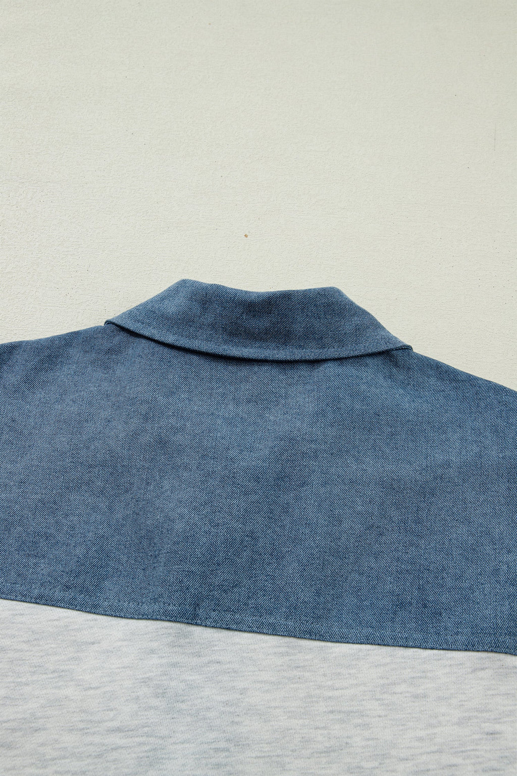 Light Grey Color Block Denim Patchwork Button Polo Collar Short Sleeve Top