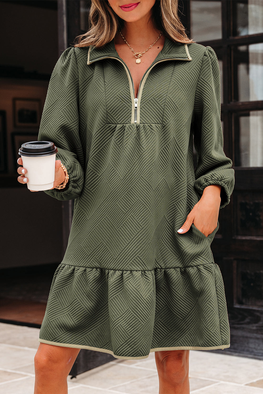 Jungle Green Quarter Zip Collar Bracelet Sleeve Textured Mini Dress