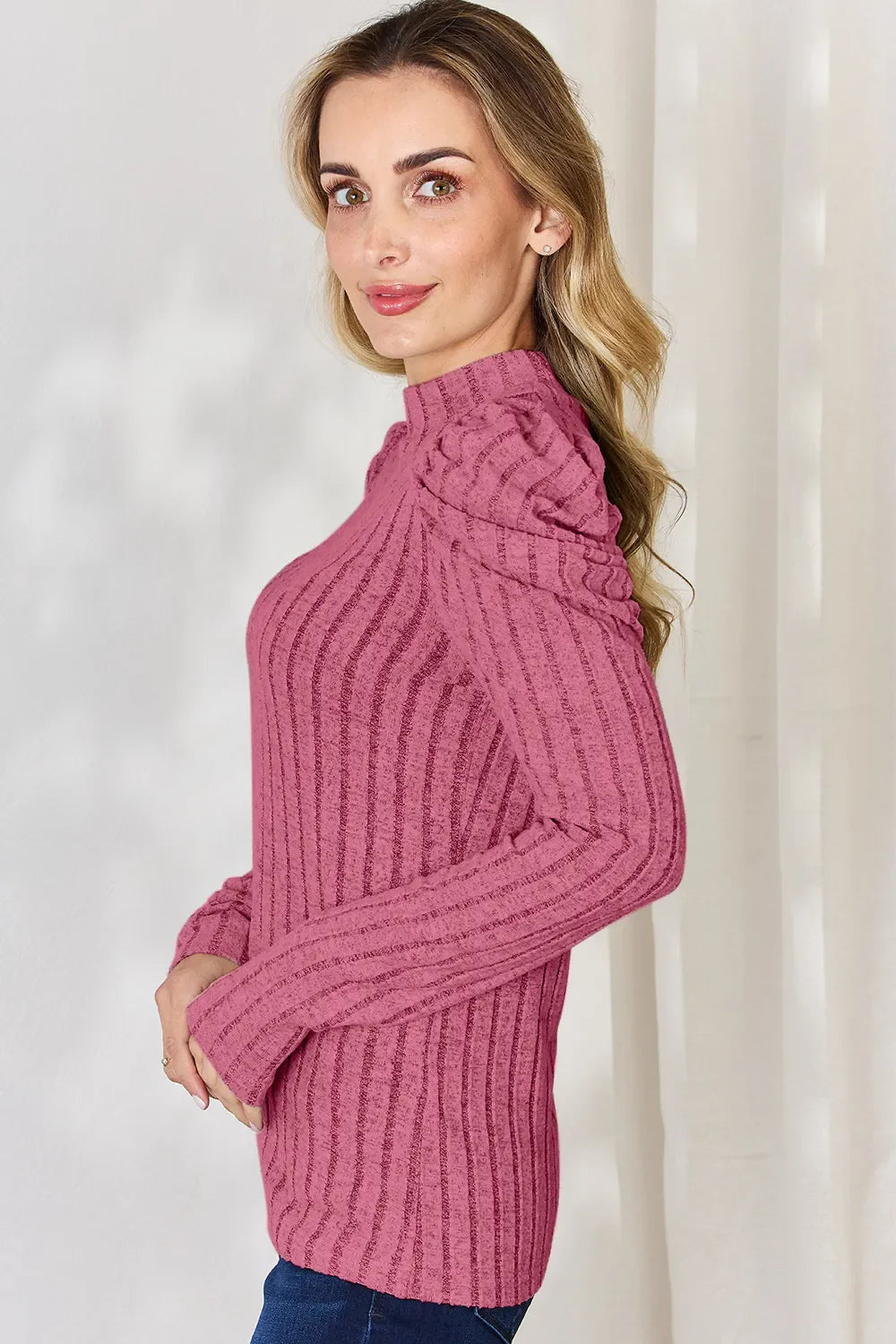 I am a Fashion junky Full Size Ribbed Mock Neck Puff Sleeve T-Shirt