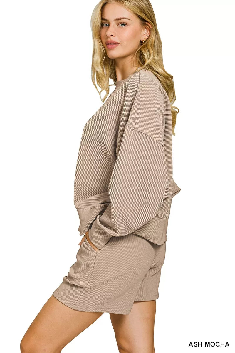 Ribbed Round Neck Pullover and Shorts Set