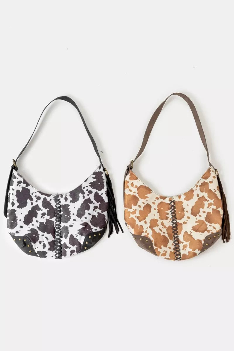 Cow Print Hobo Shoulder Bag with Studded Details