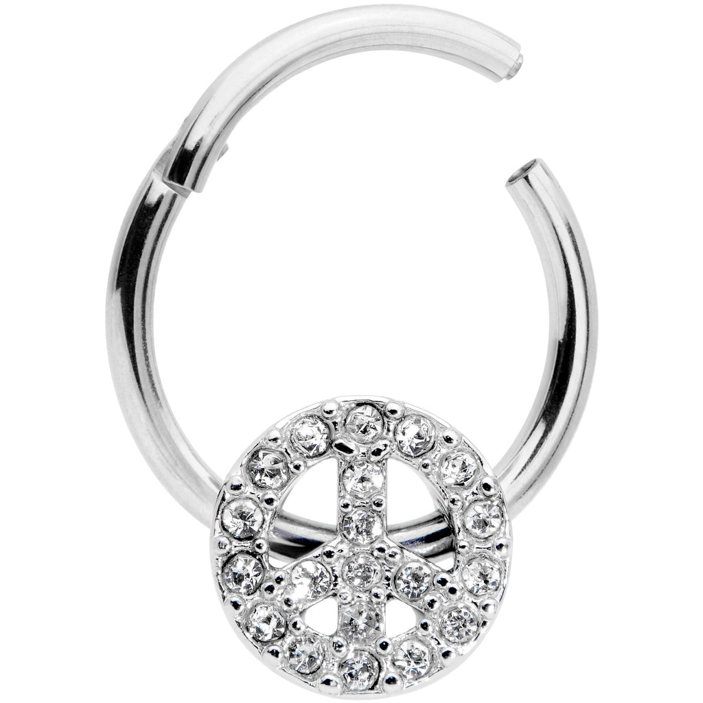 16G 3/8 Clear Gem Retro Peace Sign Hinged Segment Ring