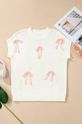 White Short Sleeve Knit Contrast Bow Knot Loose Sweater