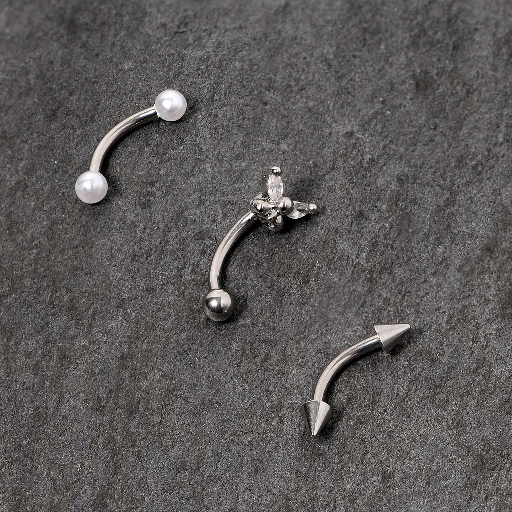 16G 5/16 Clear Gem Butterfly Curved Eyebrow Ring Set of 3