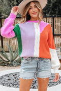 Desert Gold Color Block Textured Knit Drop Shoulder Loose Fit Sweater