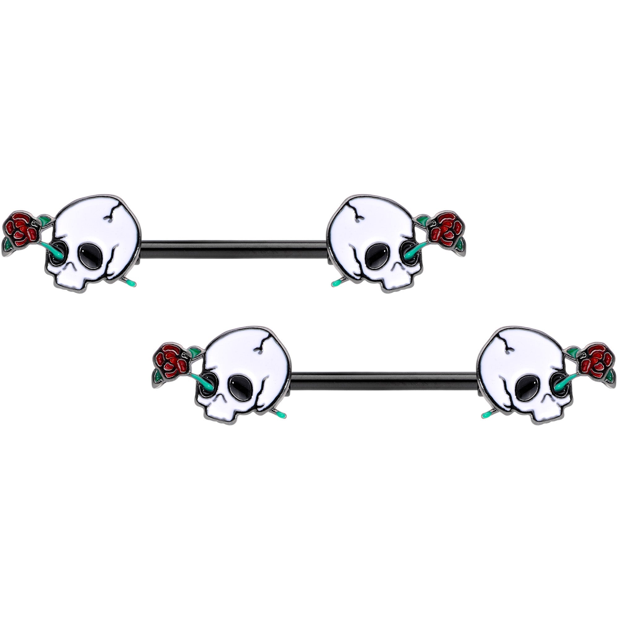 14G 9/16 Black PVD Rose Scary Skull Halloween Nipple Ring Set