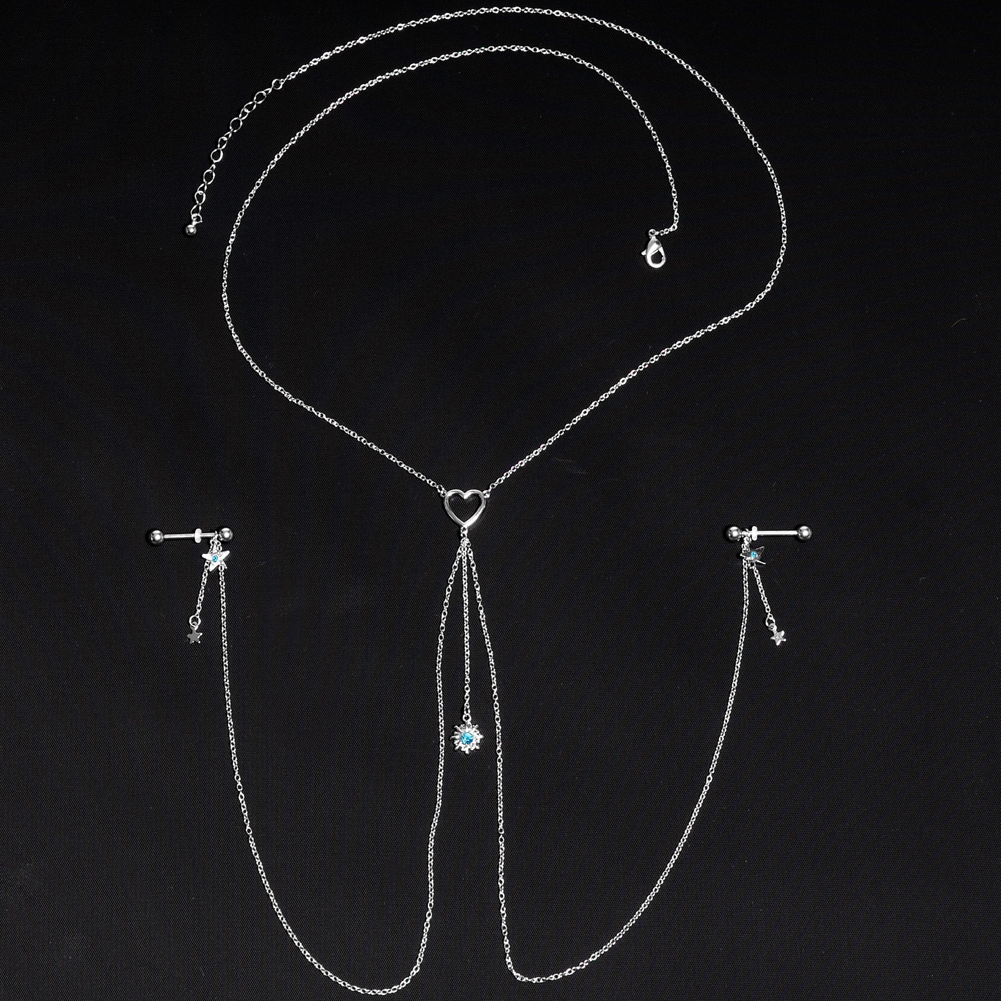 14G 5/8 Blue Gem Sun Heart Star Nipple Chain Necklace