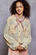 Texture Woven Button Down Hooded Shirt with Drawstring Hem
