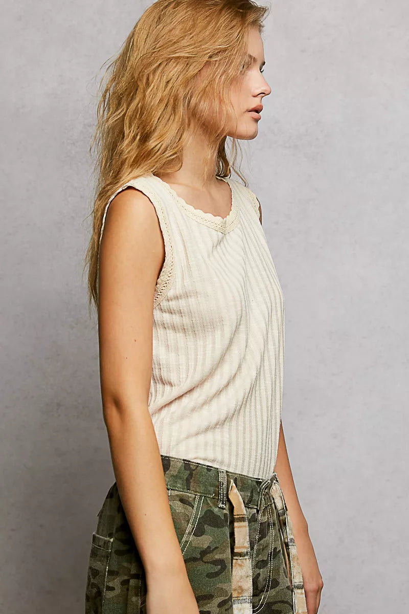 Ribbed Round Neck Tank with Lace Trim