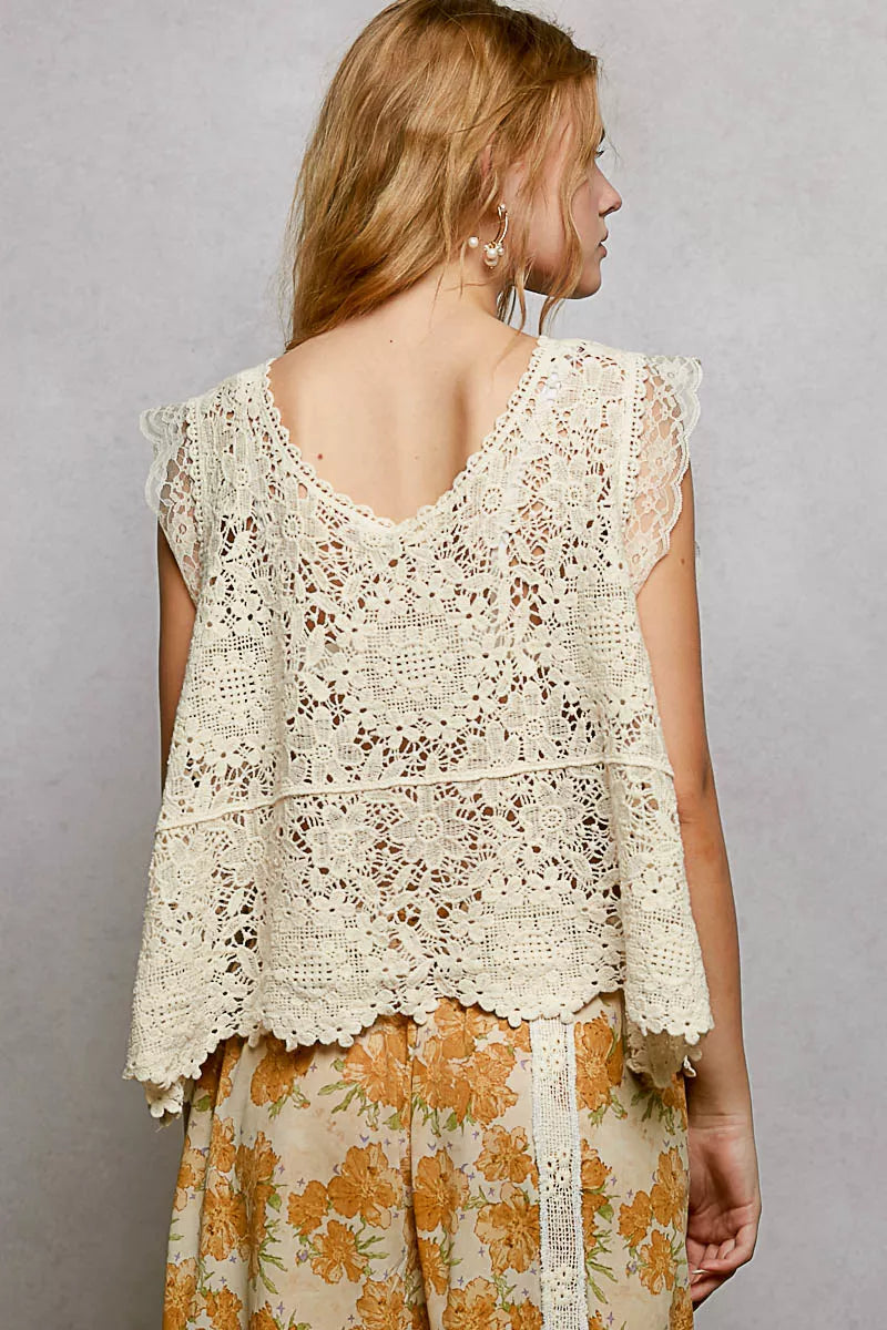 Lace Trim Openwork V-Neck Crochet Tank with Scalloped Edge