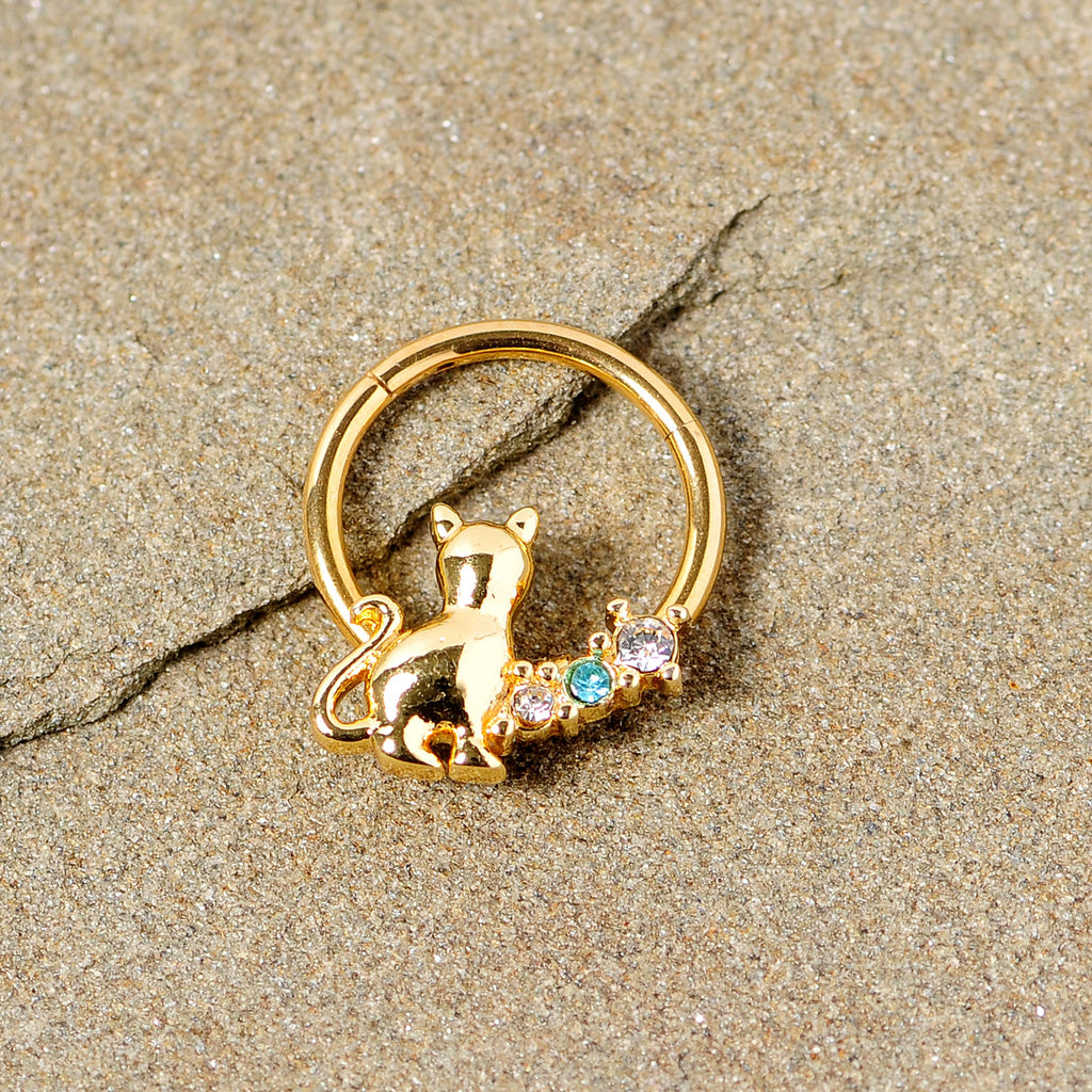 16G 3/8 Blue Clear Gem Gold Tone Cat Hinged Segment Ring