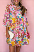 Pink Floral Print Lace Trimmed Tie Back Bell Sleeve Swing Mini Dress