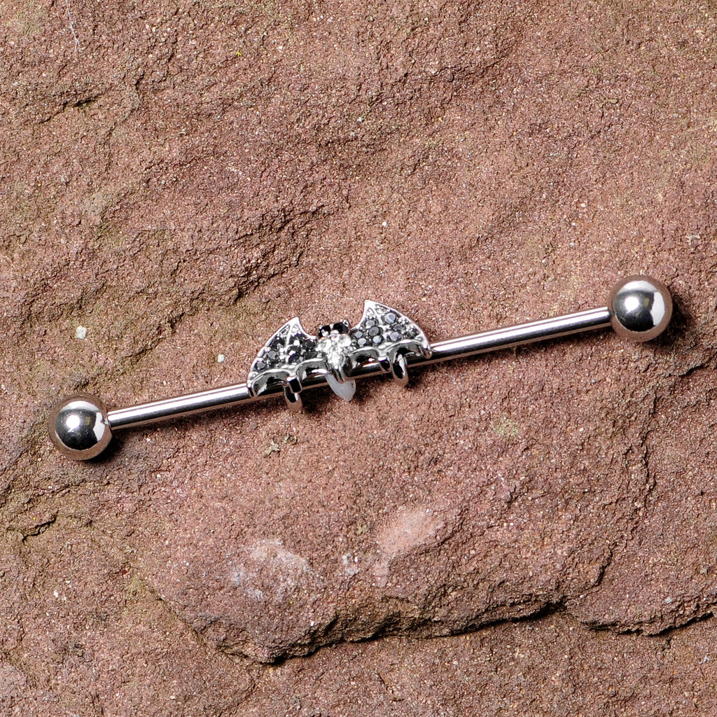 14G Clear Black Gem Bat Halloween Industrial Barbell 38mm