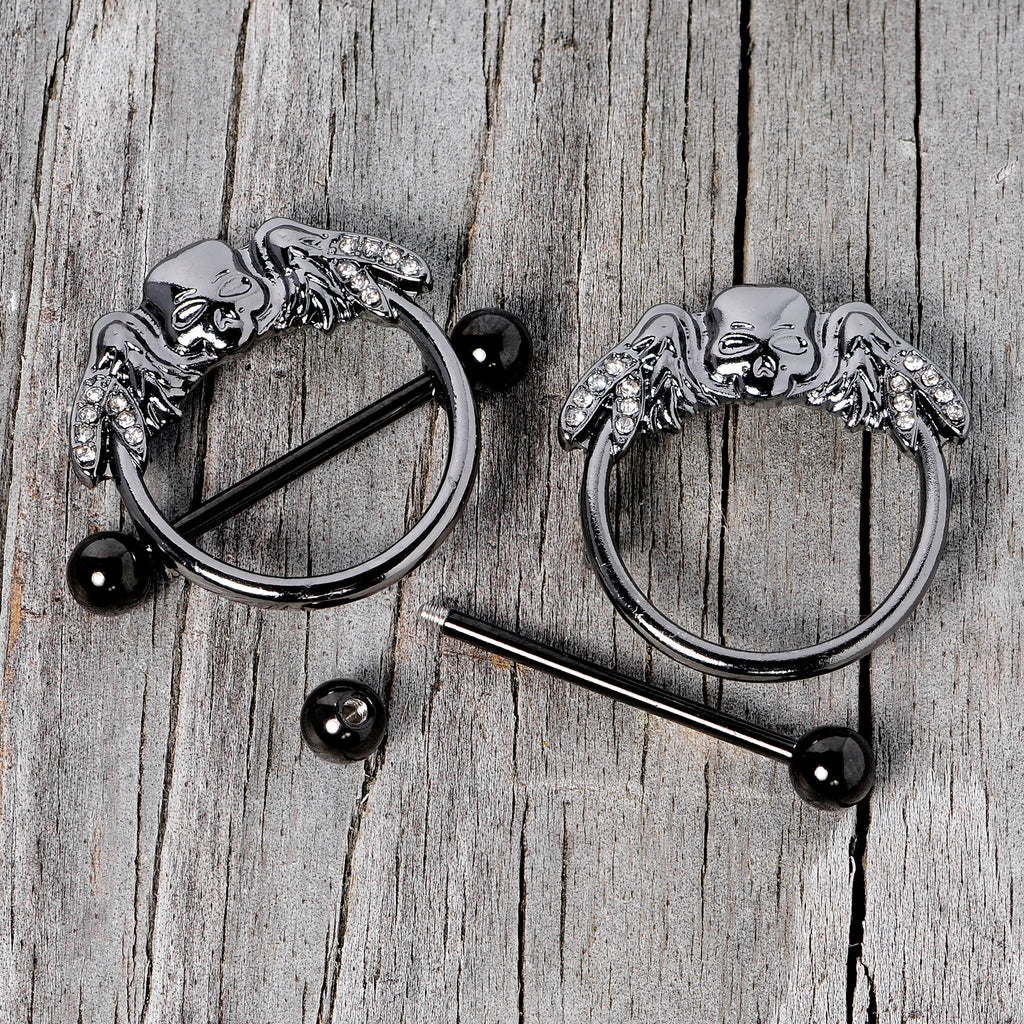 14G 7/8 Clear Gem Black Winged Skull Halloween Nipple Shield Set