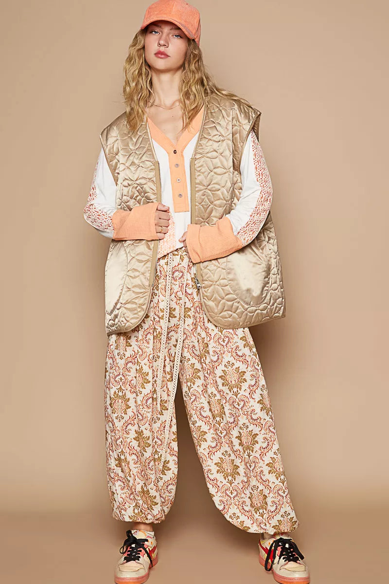 Front Zipper Floral Pattern Quilted Vest Coat with Front Pockets