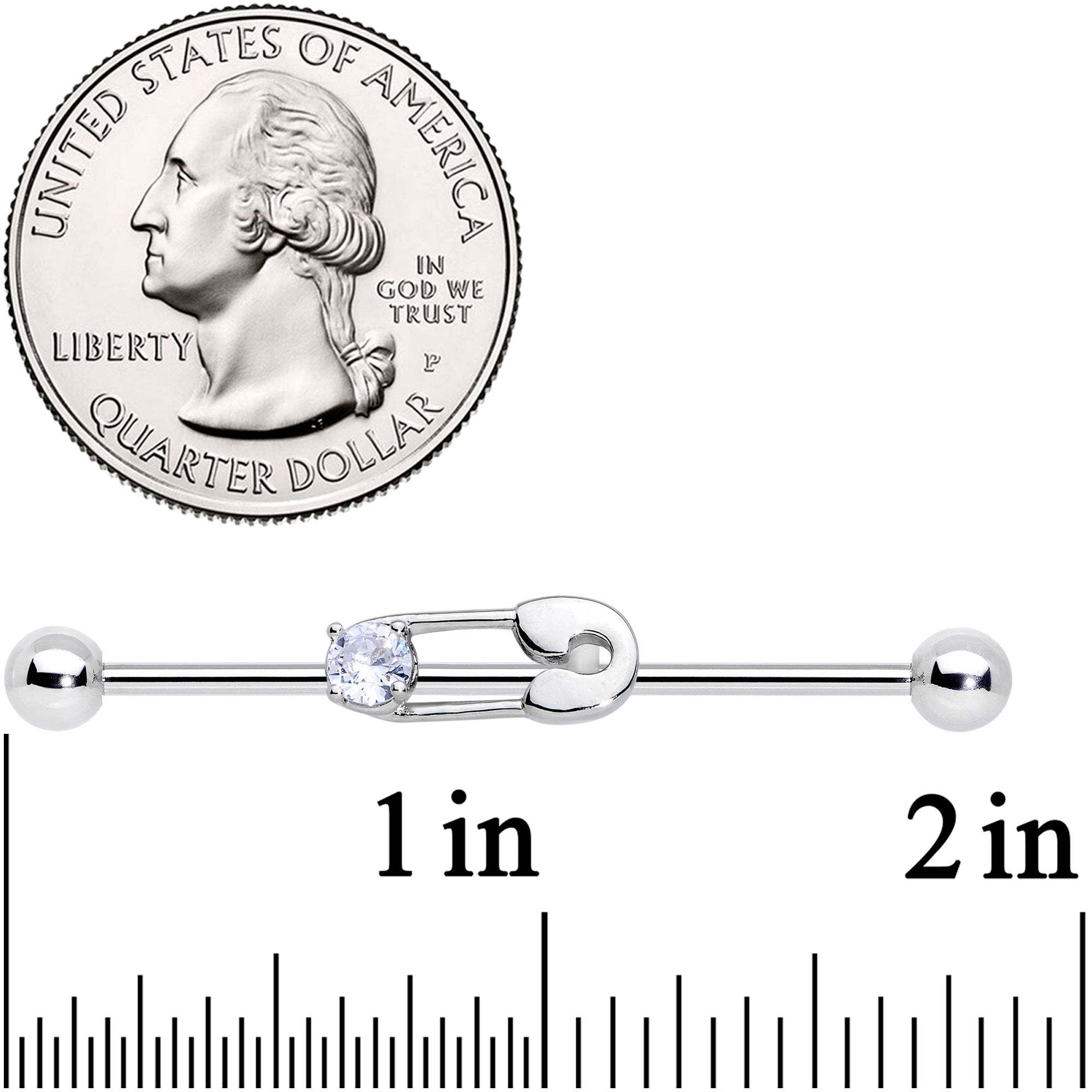 14G Clear CZ Gem Punk Safety Pin Industrial Barbell 38mm