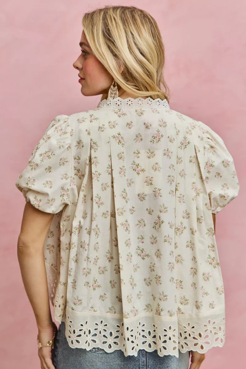 Floral Print Lace Trim Short Sleeves Blouse