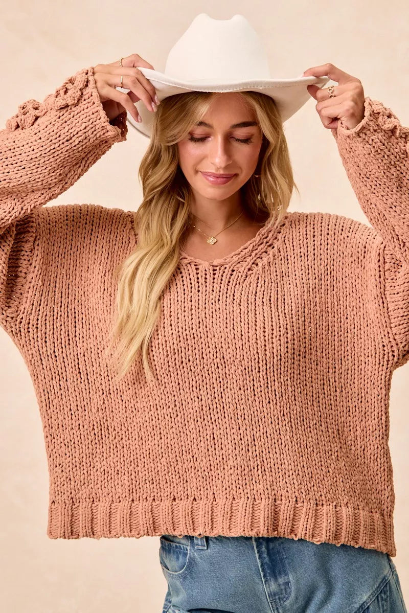 Chunky Knit Sweater with Flower Detail Sleeves