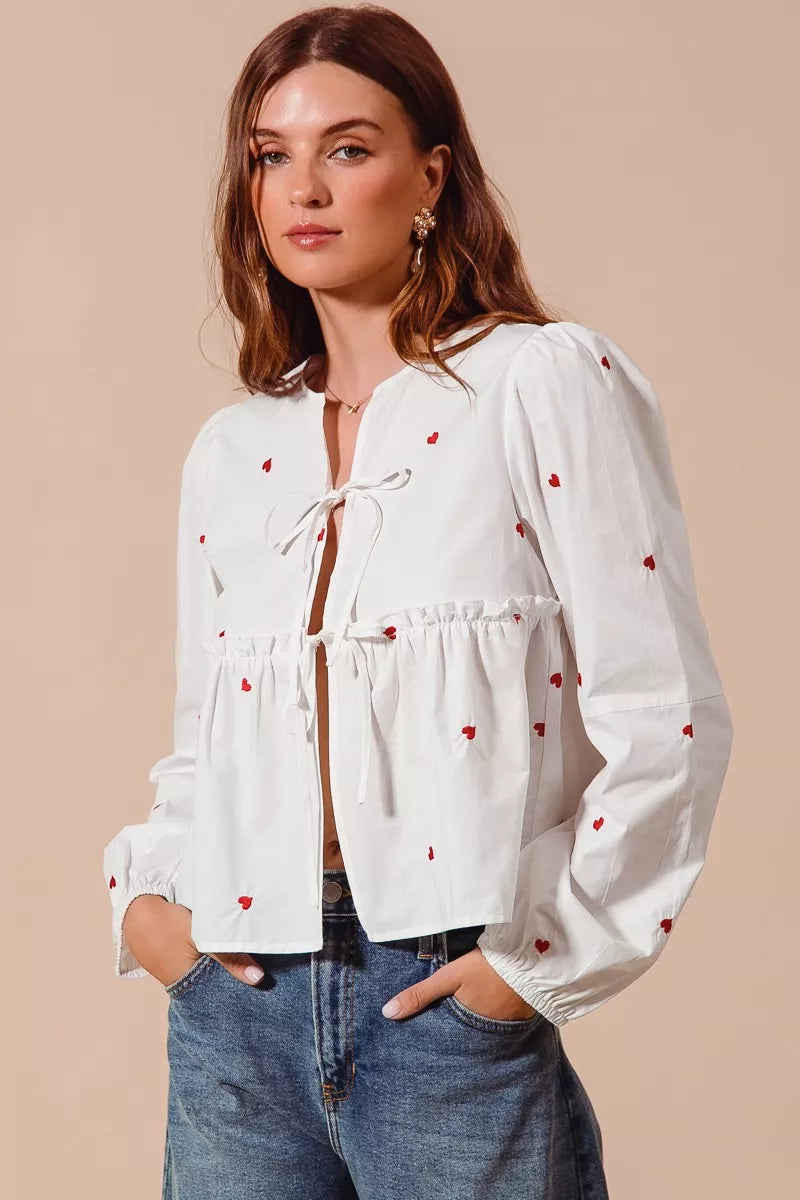 Front Tie Heart Embroidered Blouse With Puff Sleeve