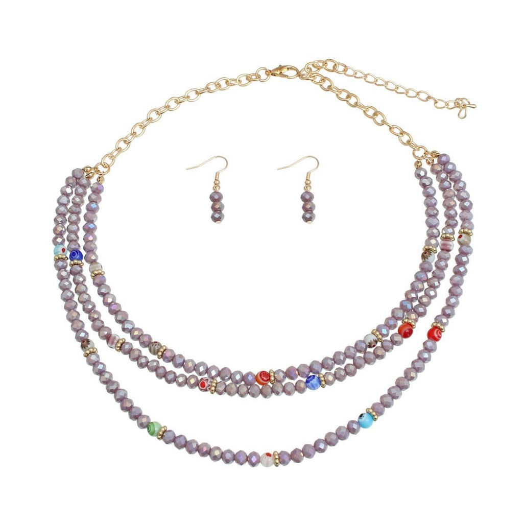 Layered Light Purple Glass Bead Necklace Set – Stylish Statement Jewelry