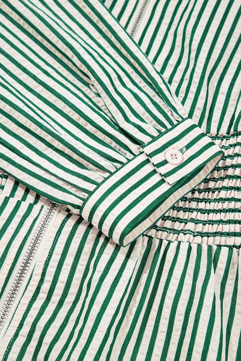 Green Stripe V Neck Zip Front Cinched High Waist Midi Dress