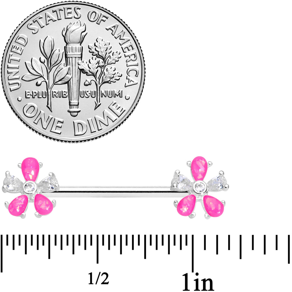 14G 9/16 Pink Faux Opal Flower Barbell Nipple Ring Set