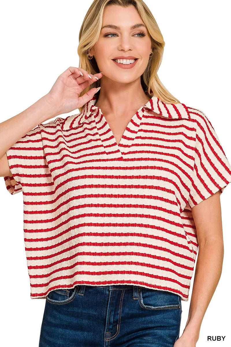 Striped Split Neck Collared Top