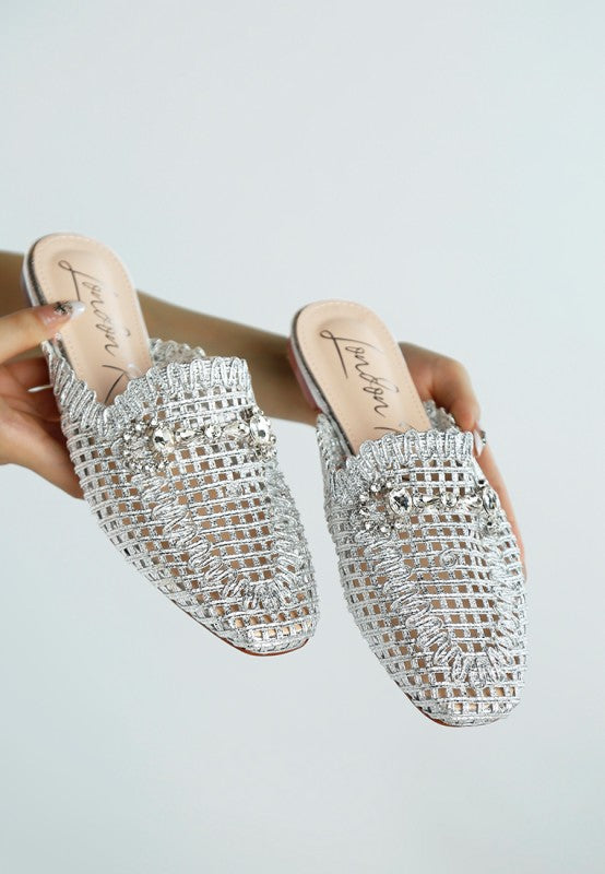 Roboma Metallic Woven Diamante Mules