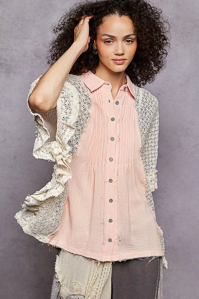 Button Down Front Pleated Shirt with Crochet Patch
