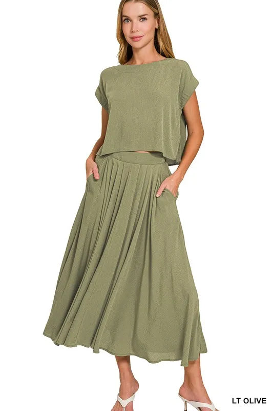 Woven Crinkle Gauze Crop Tee and Skirt Set