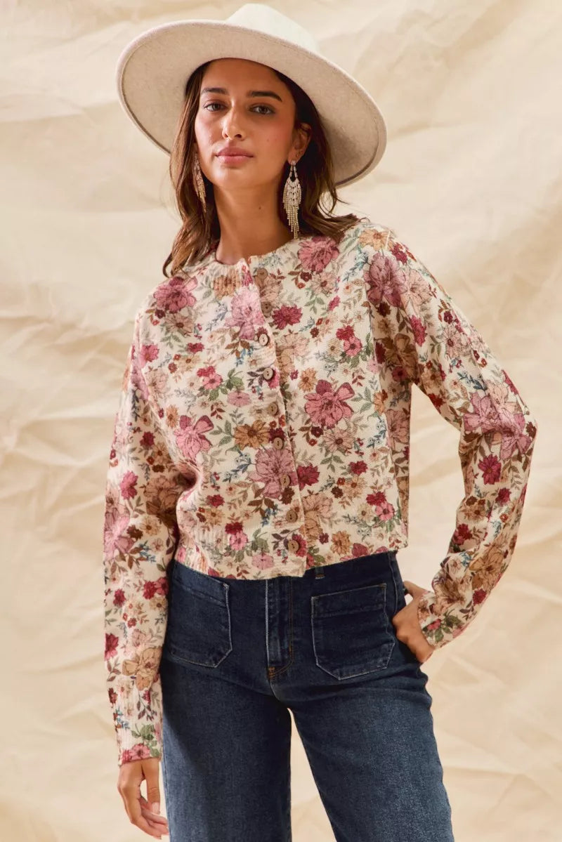 Floral Print Button Front Sweater Cardigan