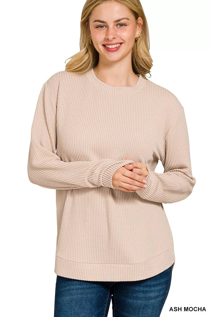Full Size Raised Rib Round Neck Long Sleeve Top Plus Size