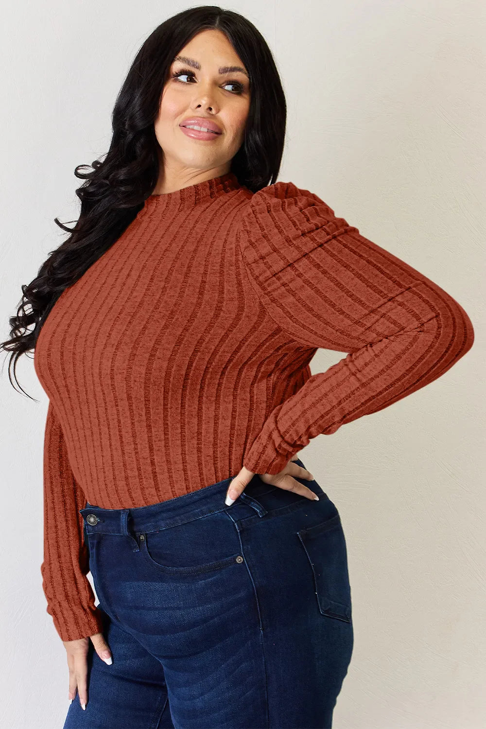 I am a Fashion junky Full Size Ribbed Mock Neck Puff Sleeve T-Shirt